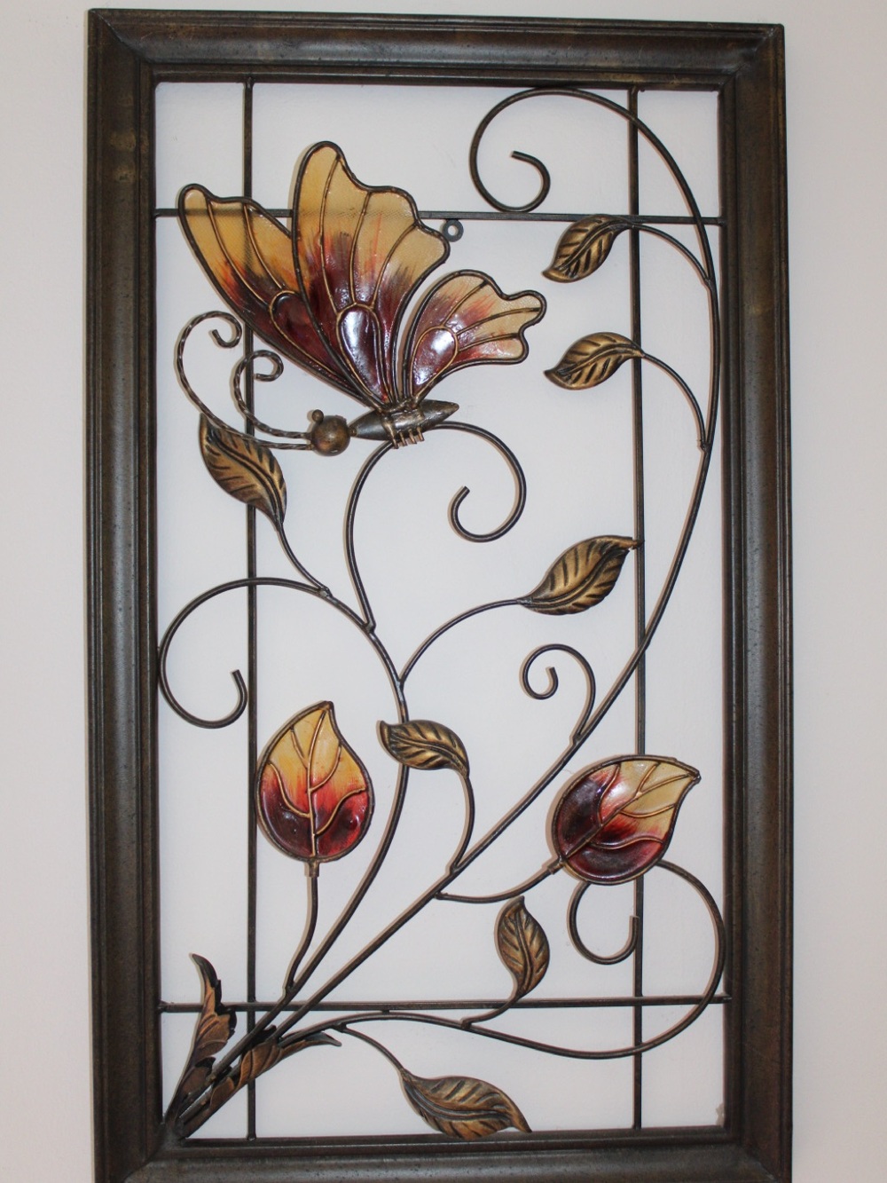 Metal Butterfly Wall Art with Amber and Burgundy Accents